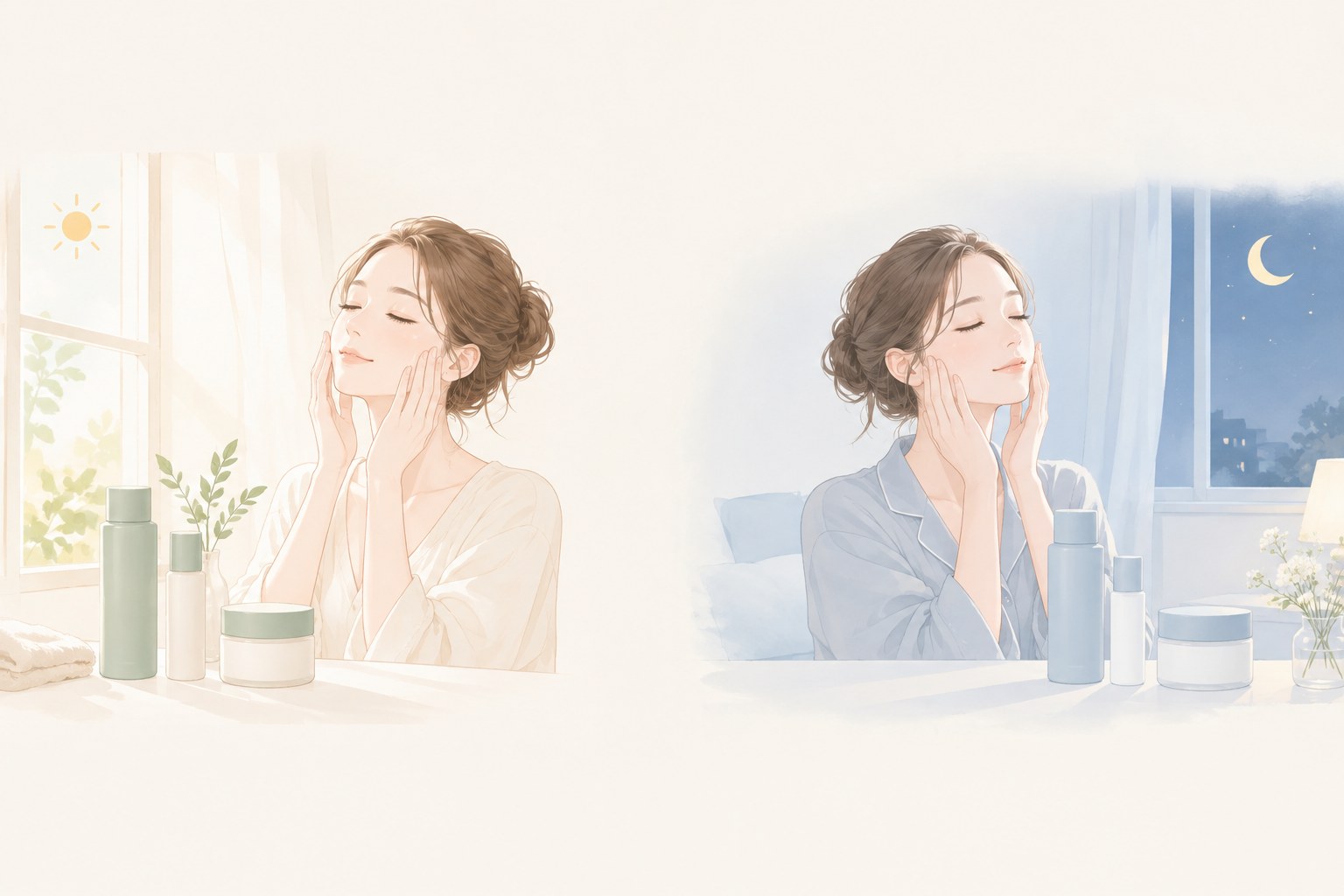 スキンケアを朝と夜に分けて取り入れる方法のイメージ