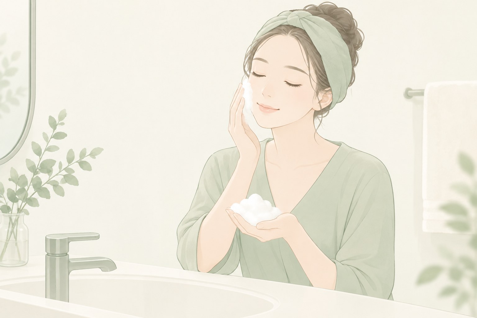 泡を使い、肌を強くこすらずに洗う方法を示す説明用イラスト
