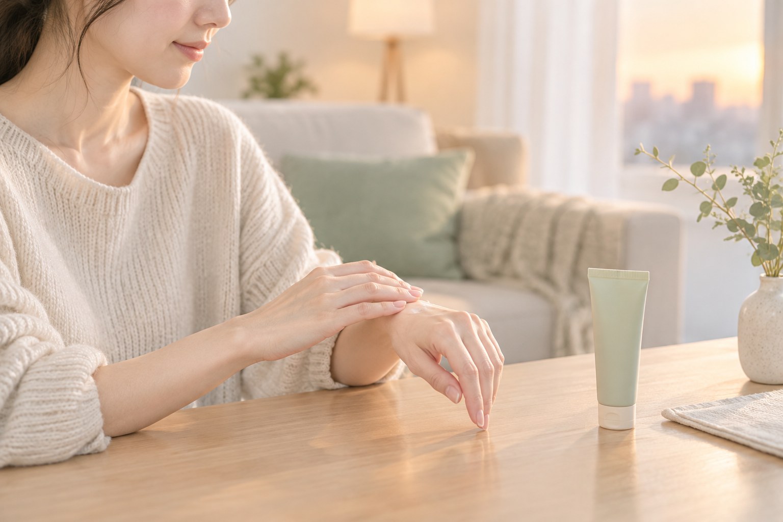 調理と片づけを終えた後、リビングで手を保湿する様子