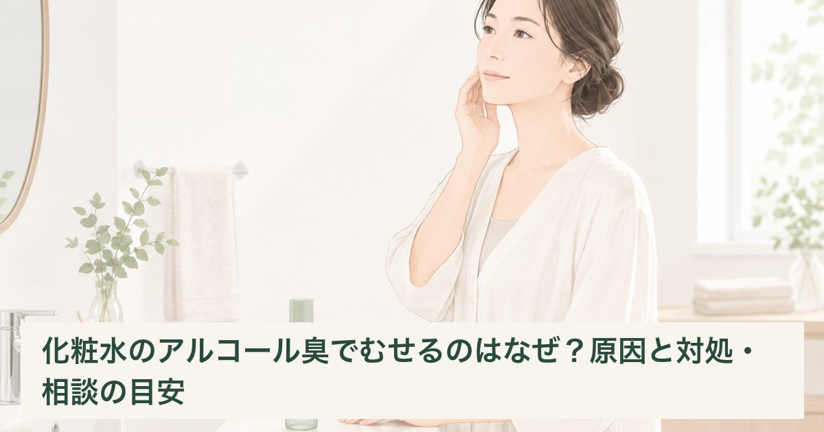 化粧水の使用をいったんやめてボトルを置く女性のイメージ