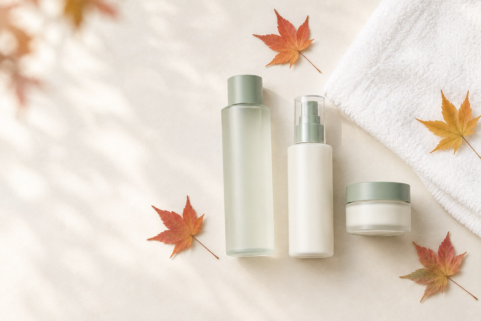 ラベルのない保湿アイテムと紅葉を並べた秋のスキンケアイメージ