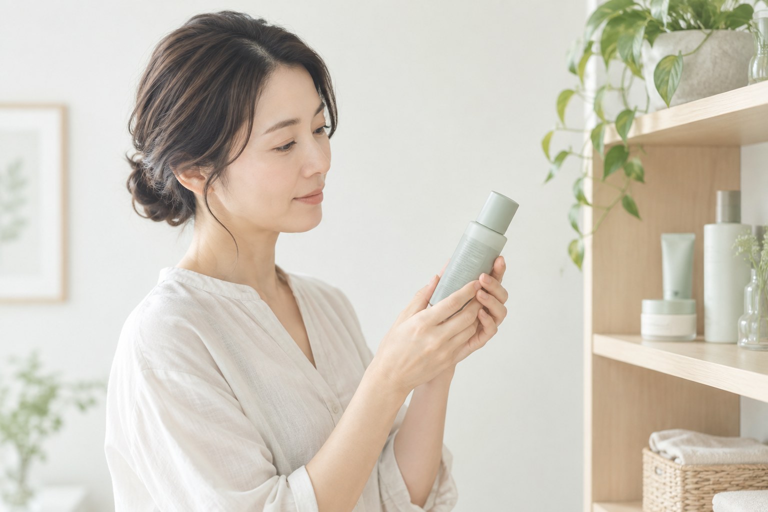 直射日光の当たらない室内で化粧品容器の表示を確認する女性