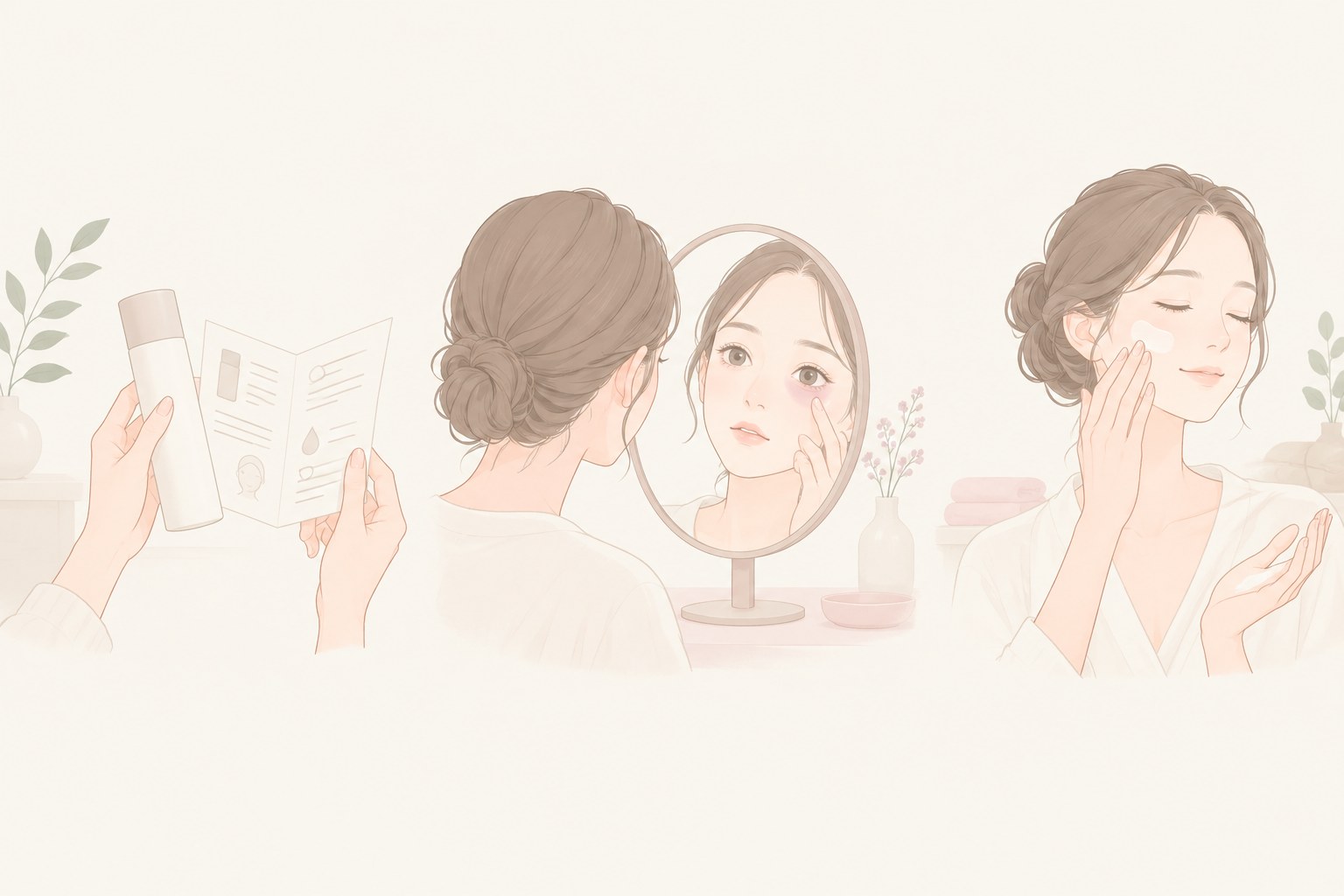 使用説明、見えるメイク残り、洗浄後の保湿を確認する流れのイラスト