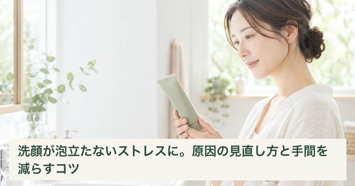 洗顔料の使用説明を確認する女性
