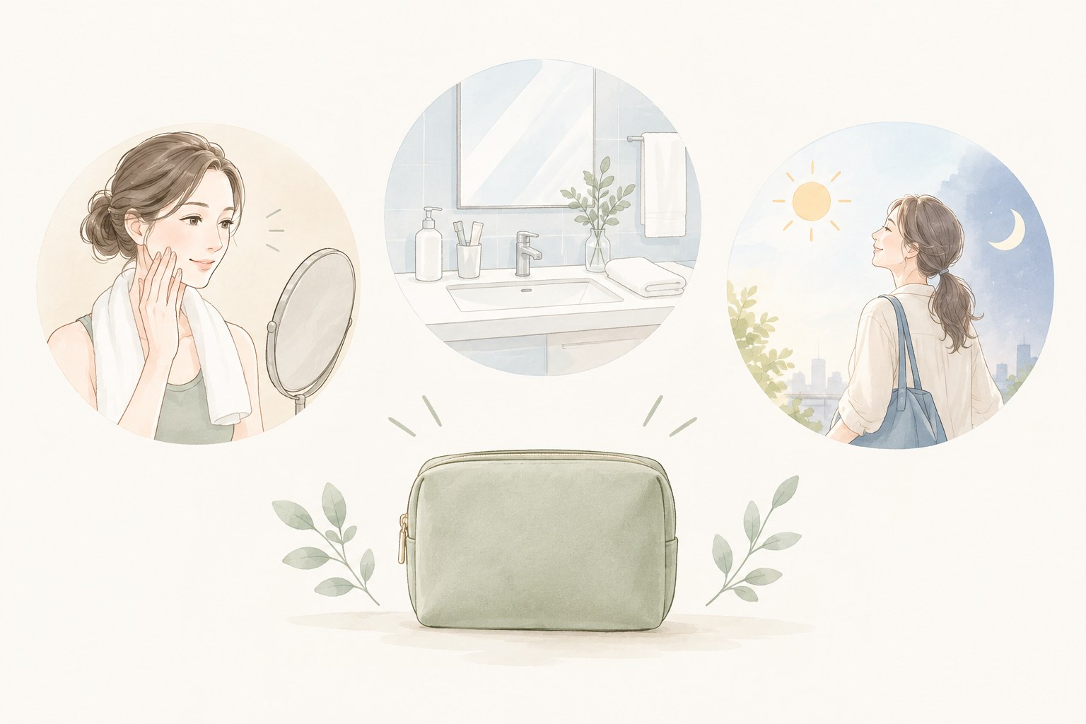 メイクの有無、洗顔設備、帰宅時の日差しでジム用の持ち物を考えるイラスト