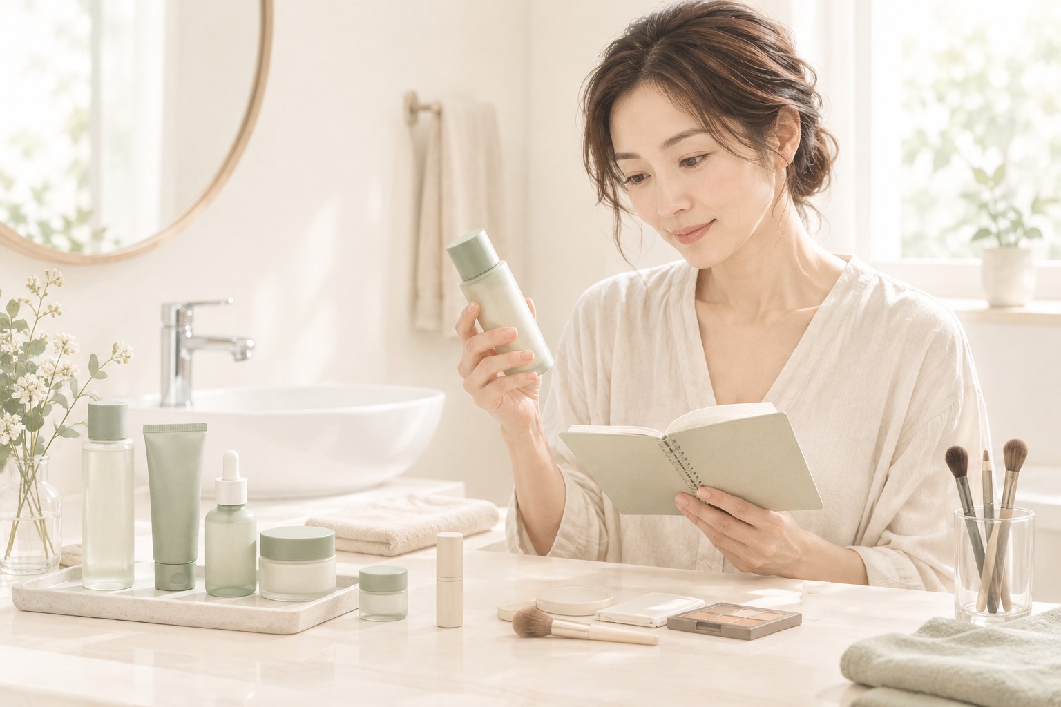 朝のスキンケアとメイクの使用条件をノートに整理する女性