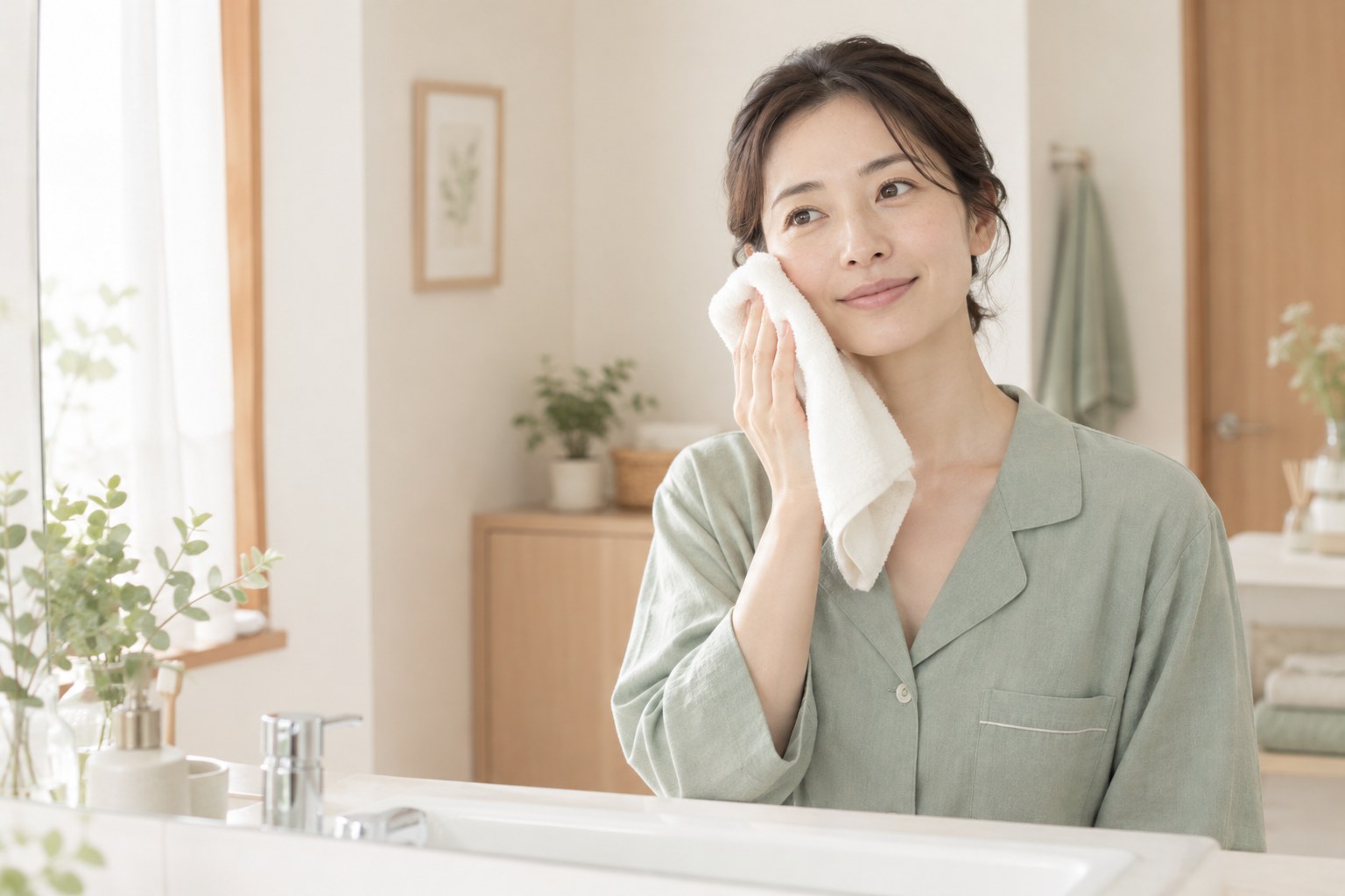タオルで頬をこすらず、やさしく水分を押さえる女性