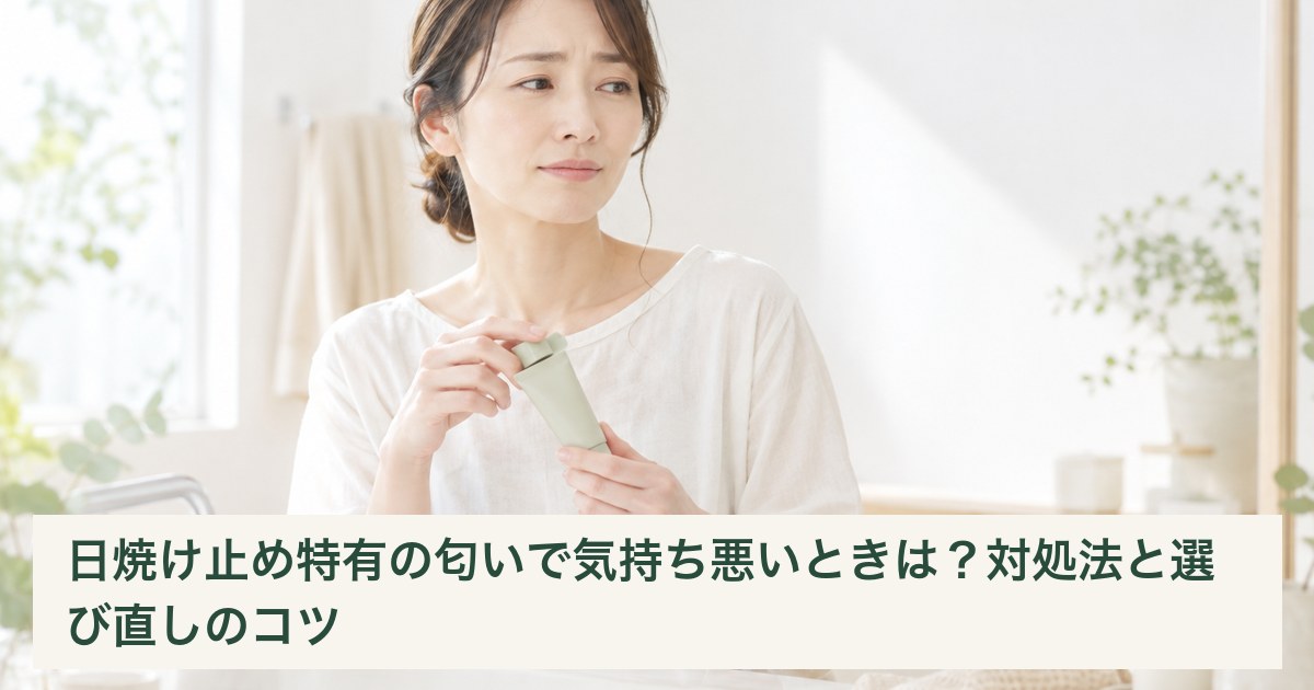 洗面台で日焼け止めの容器を閉じ、使用をいったん中断する女性