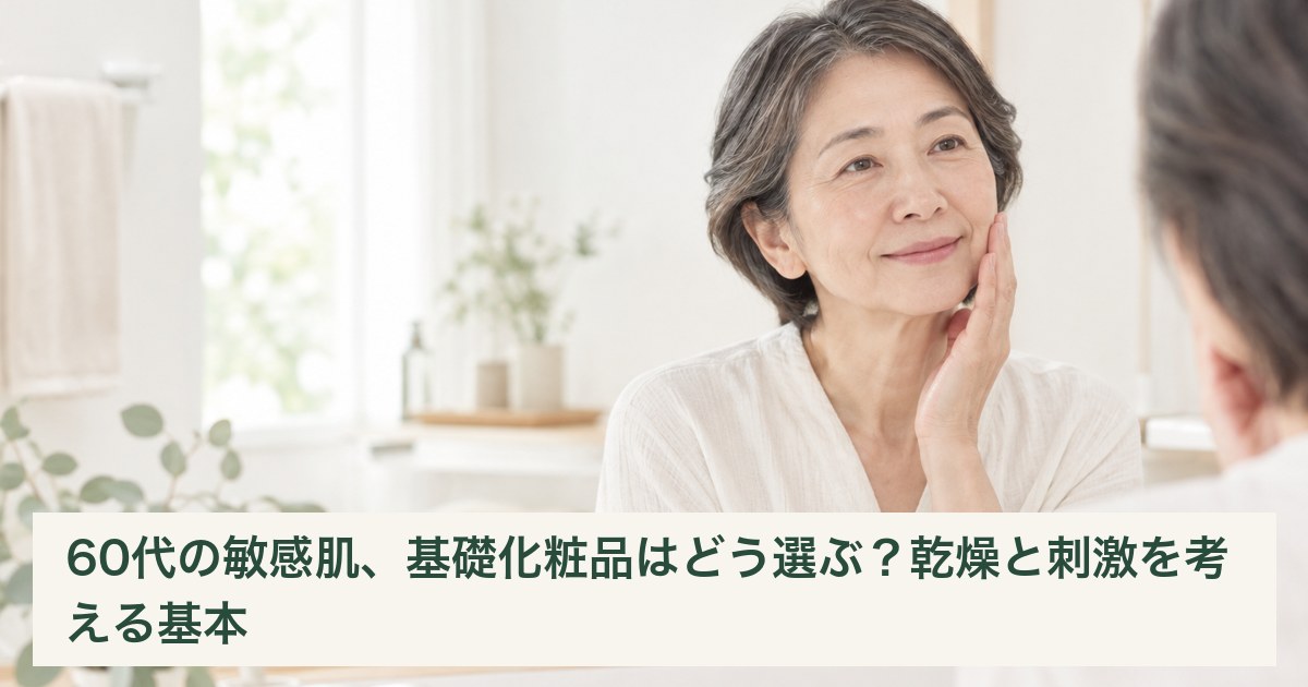 洗面室の鏡で肌の状態を確認する60代の女性