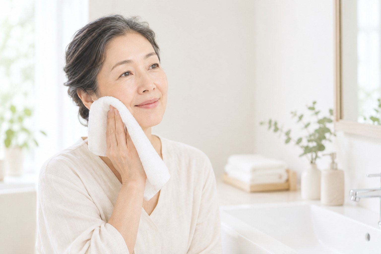 洗顔後に柔らかいタオルで頬の水分をやさしく押さえる女性