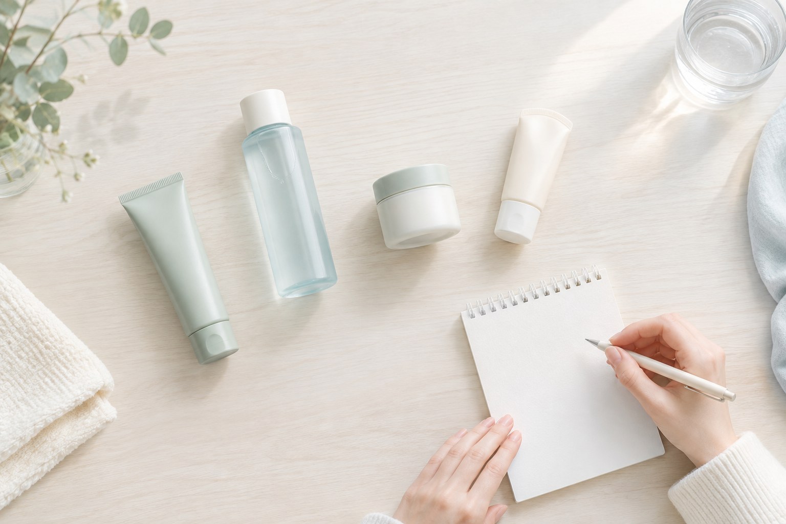 薬とスキンケアの使い方を確認するために並べた無地の容器とメモ帳