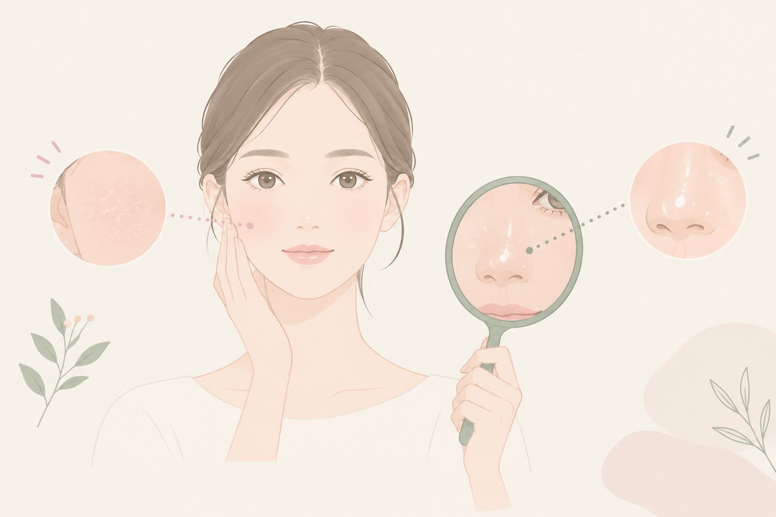 頬と鼻まわりを分けて、乾燥感や光沢を確認するイメージ