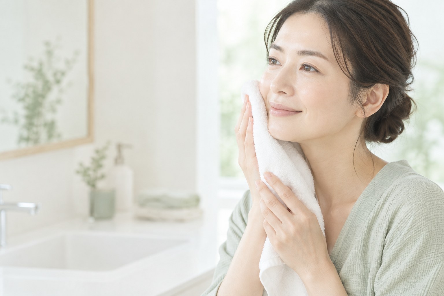 洗顔後に柔らかいタオルを頬へ押し当て、水分を拭く様子
