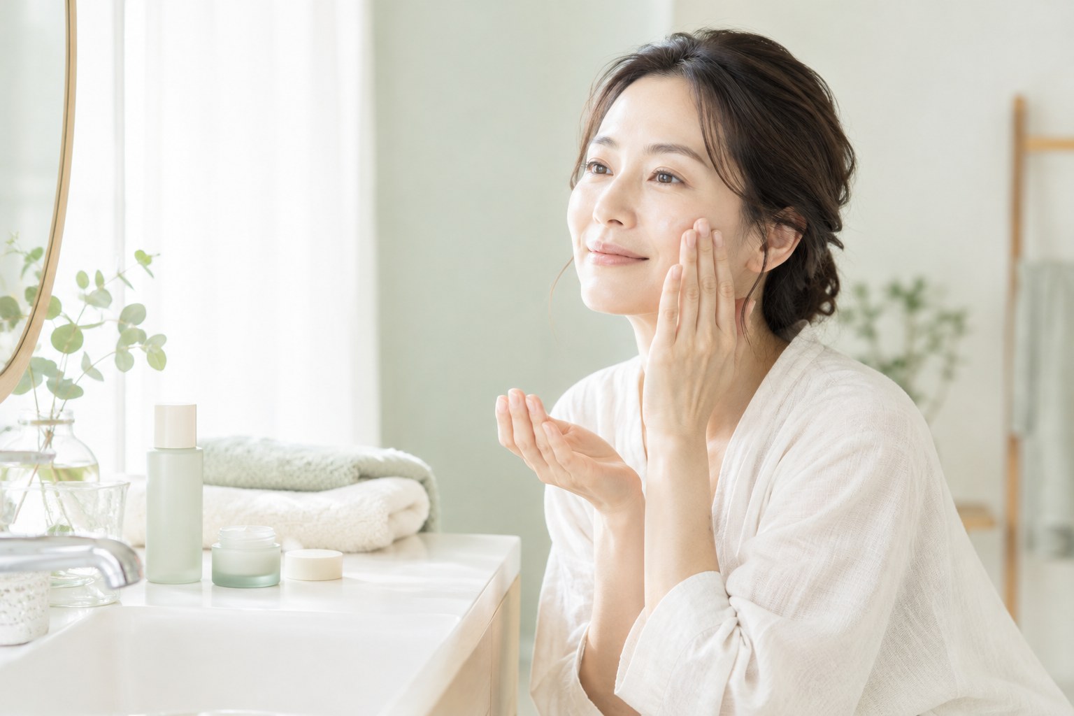 洗顔後、頬に保湿アイテムをやさしくなじませる女性