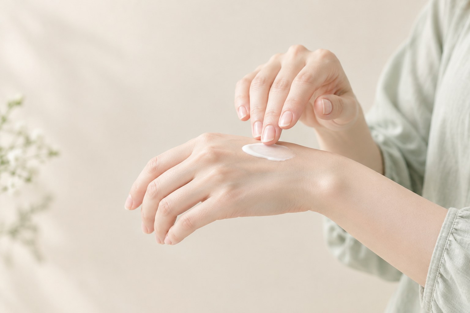 指先の保湿クリームを手の甲にやさしく広げる手元