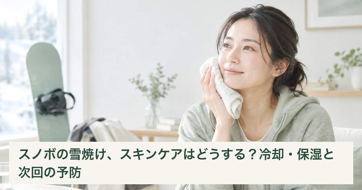 スノボ後に室内で濡れタオルを頬にそっと当てて冷やす女性
