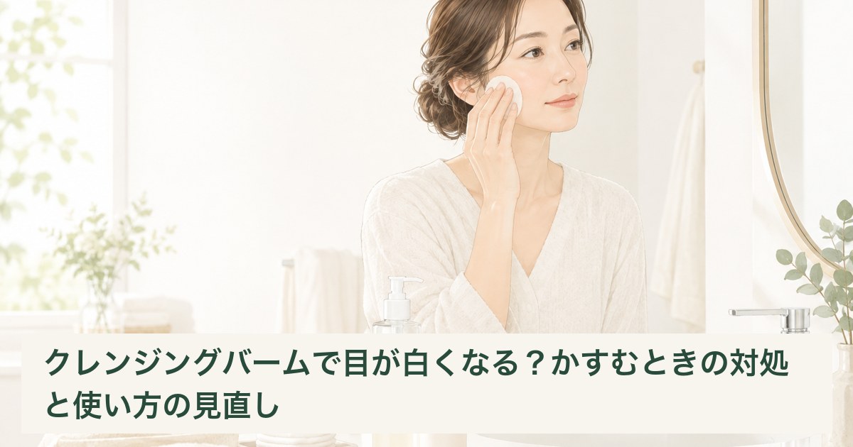 洗面所でクレンジングの手を止める女性のイラスト