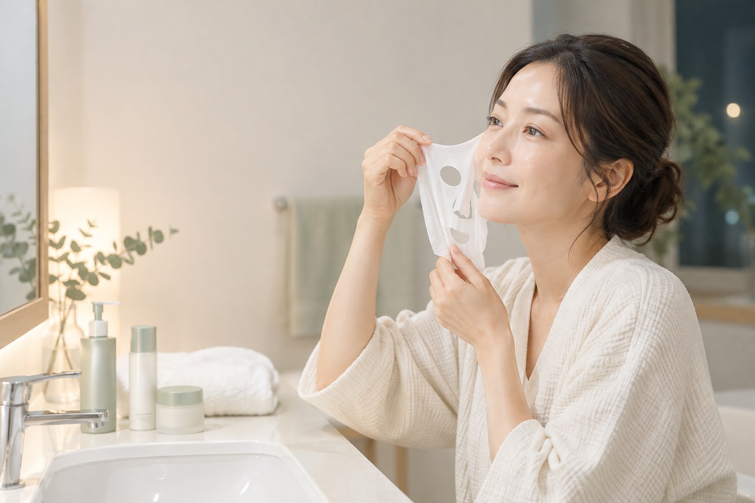 夜のスキンケアでシートマスクを外す女性
