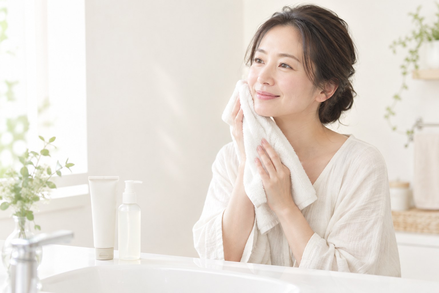 洗顔後に柔らかいタオルで顔の水分を押さえる様子